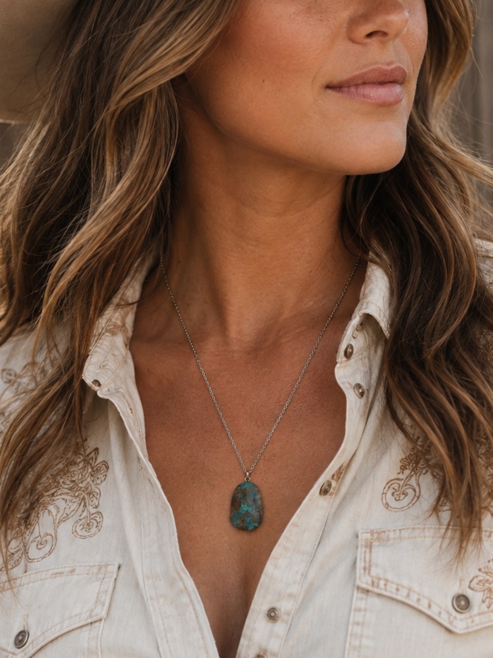 Blue-Green Turquoise Pendant Necklace on Silver Chain